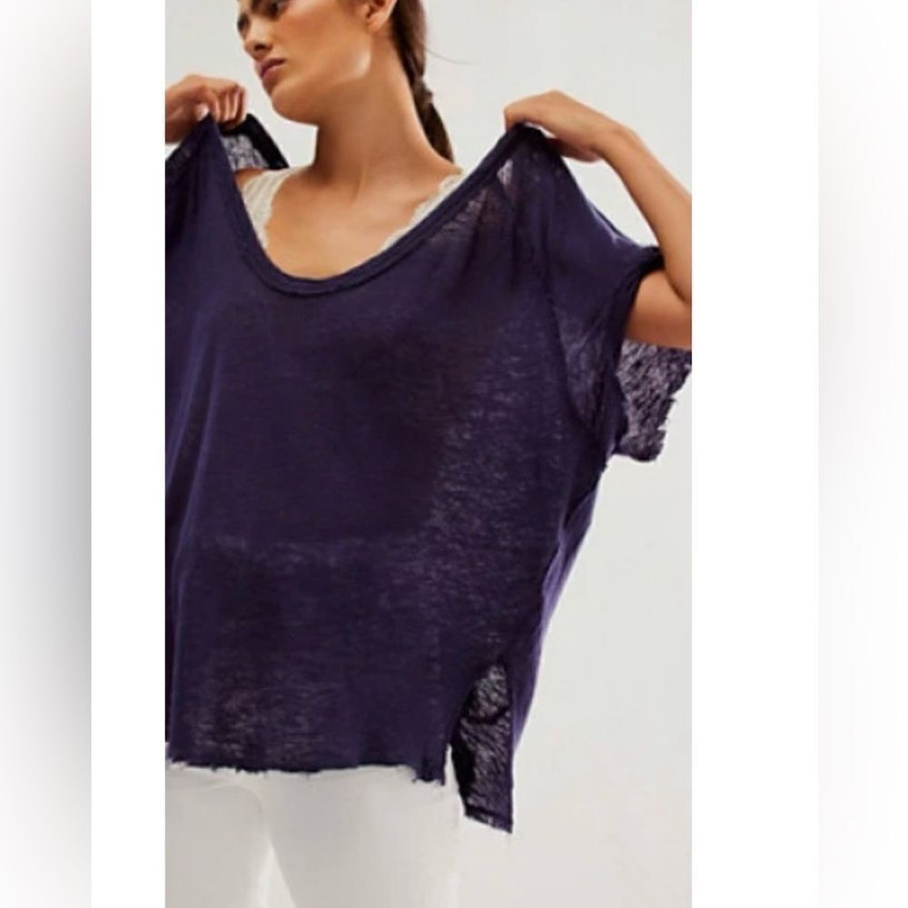 Free People Care FP Too Late Double V Tee Blue V-Neck Top S